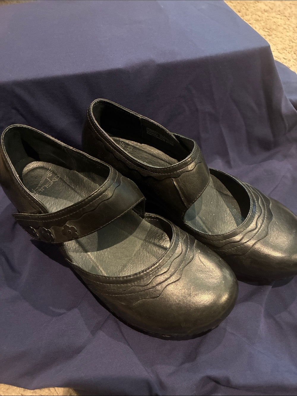 Dansko Black Leather Mary Jane Flats with Floral Strap Detail
